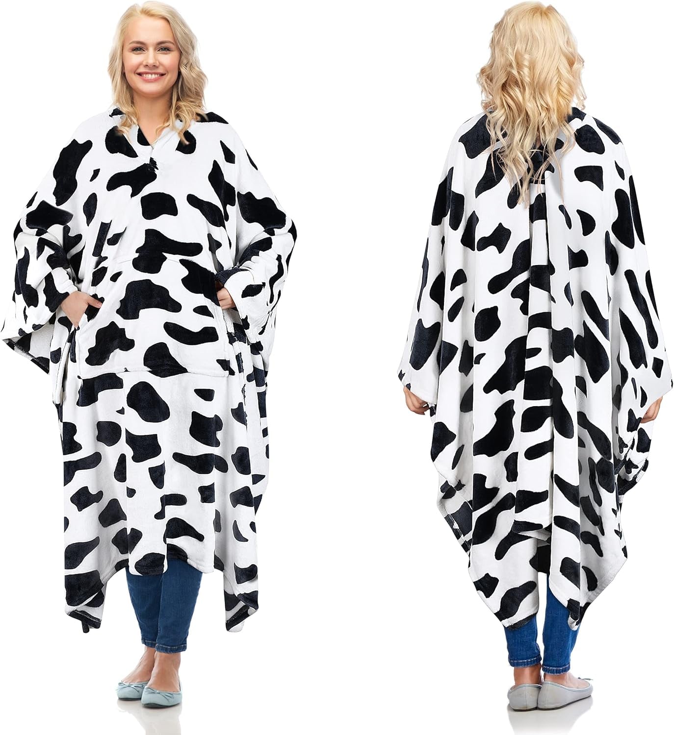 Cow Print Fleece Wearable Blanket Poncho for Adult Women Men, Travel Wrap Blanket Cape with Pocket | Warm, Soft, Cozy, Snuggly, Gift for Cow Lovers, No Sleeves | All-Season