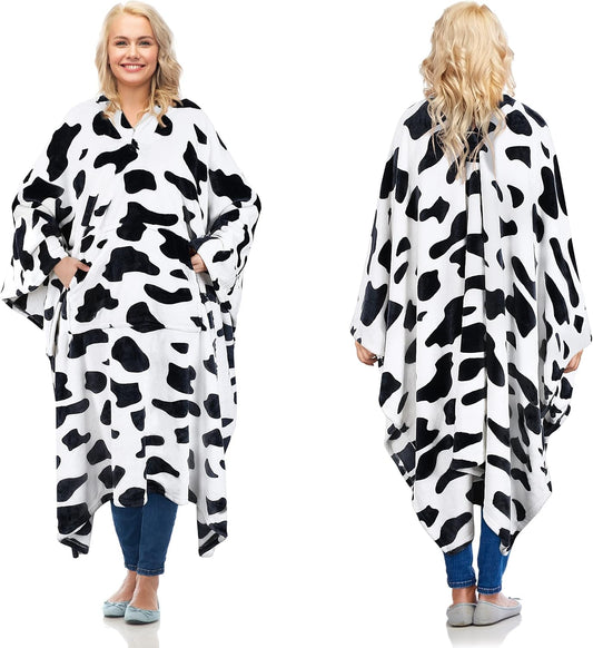 Cow Print Fleece Wearable Blanket Poncho for Adult Women Men, Travel Wrap Blanket Cape with Pocket | Warm, Soft, Cozy, Snuggly, Gift for Cow Lovers, No Sleeves | All-Season