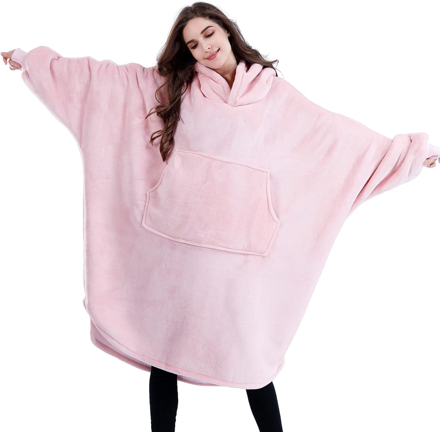 Adults Wearable Blanket Oversized with Giant Pockets and Dolmen Sleeve, Sherpa Flannel Blanket Hoodie Sweatshirt, Cozy Warm Fluffy for Men and Woman, Gift, Pink