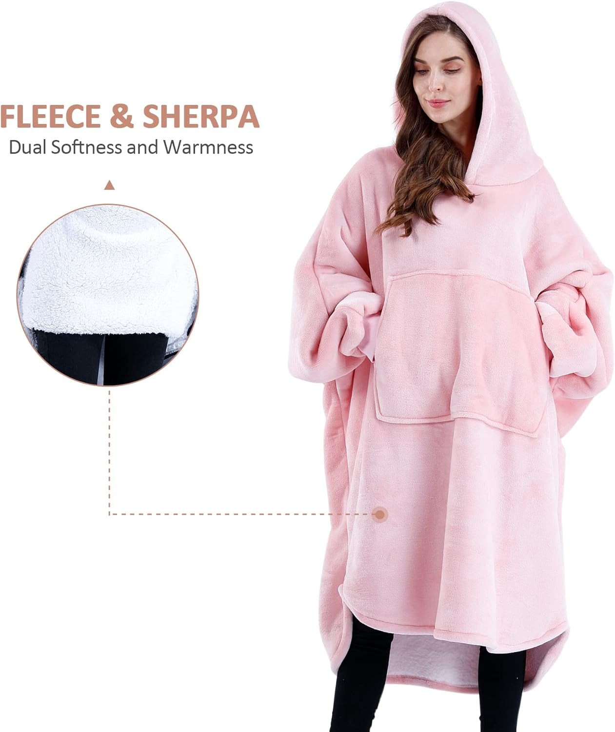 Adults Wearable Blanket Oversized with Giant Pockets and Dolmen Sleeve, Sherpa Flannel Blanket Hoodie Sweatshirt, Cozy Warm Fluffy for Men and Woman, Gift, Pink