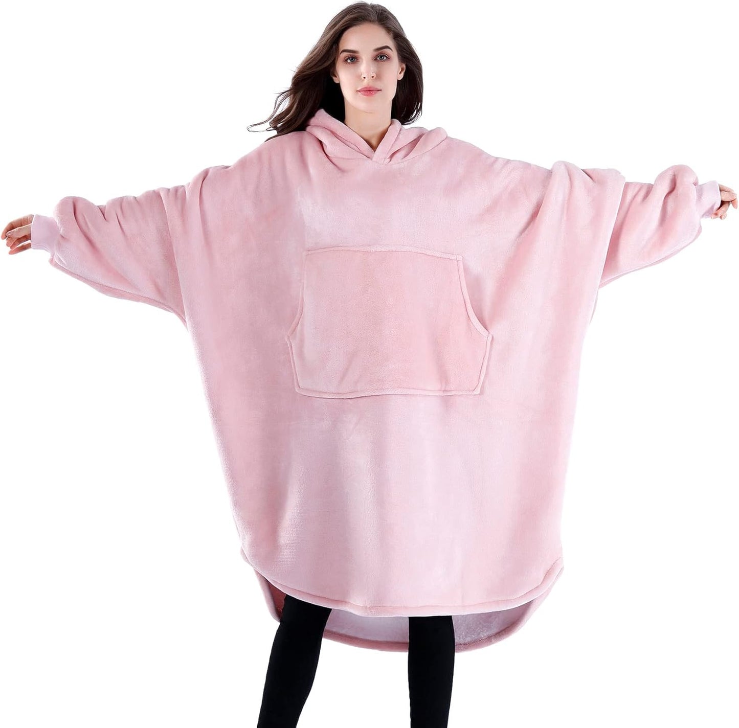 Adults Wearable Blanket Oversized with Giant Pockets and Dolmen Sleeve, Sherpa Flannel Blanket Hoodie Sweatshirt, Cozy Warm Fluffy for Men and Woman, Gift, Pink