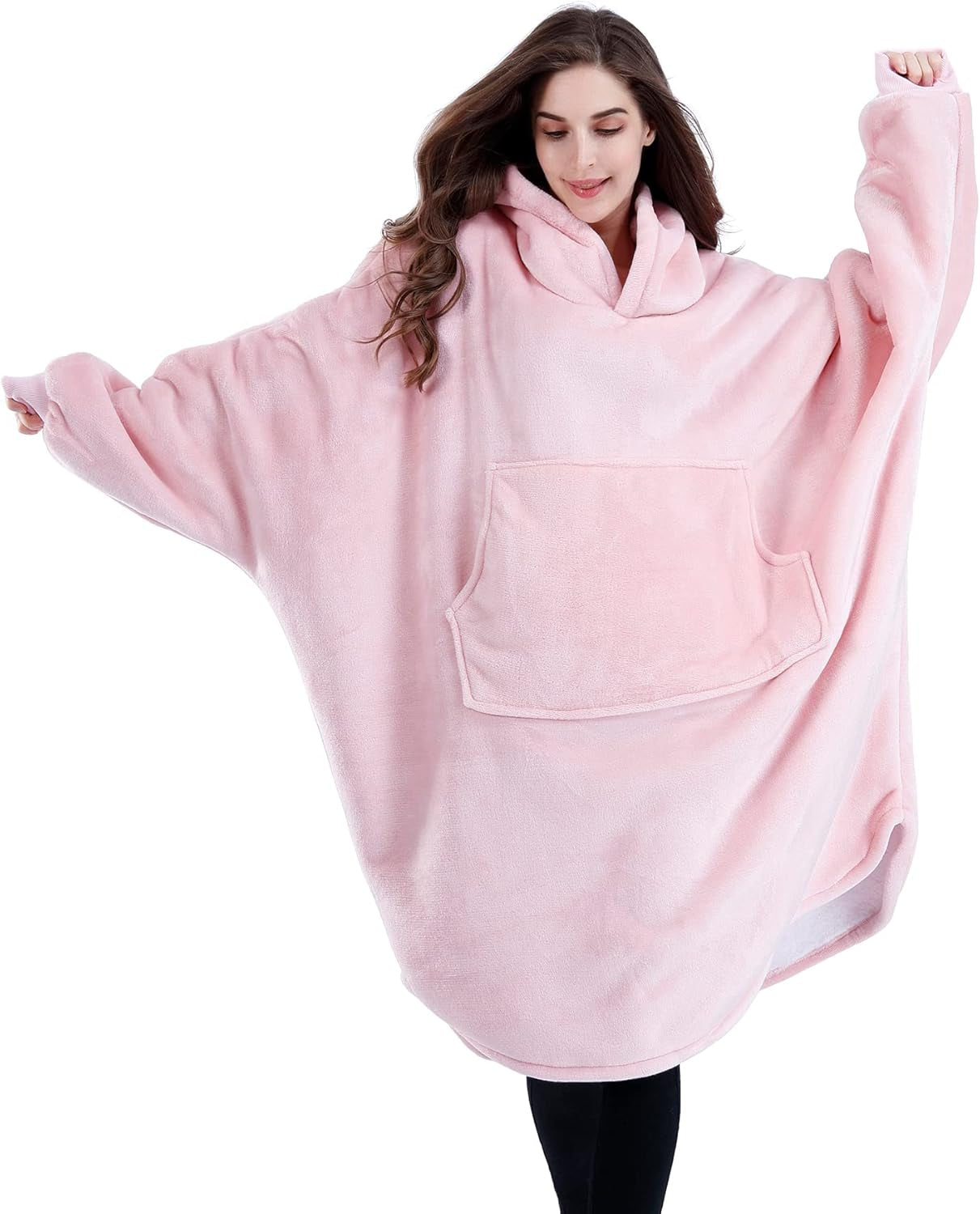 Adults Wearable Blanket Oversized with Giant Pockets and Dolmen Sleeve, Sherpa Flannel Blanket Hoodie Sweatshirt, Cozy Warm Fluffy for Men and Woman, Gift, Pink