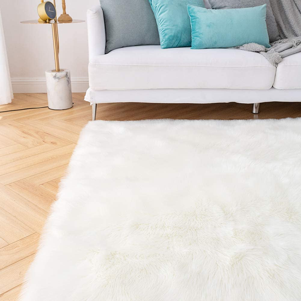 6X9 Shaggy Faux Sheepskin Area Rug – Soft, Luxury White Fur Floor Mat, Bedside Carpet for Bedroom & Living Room