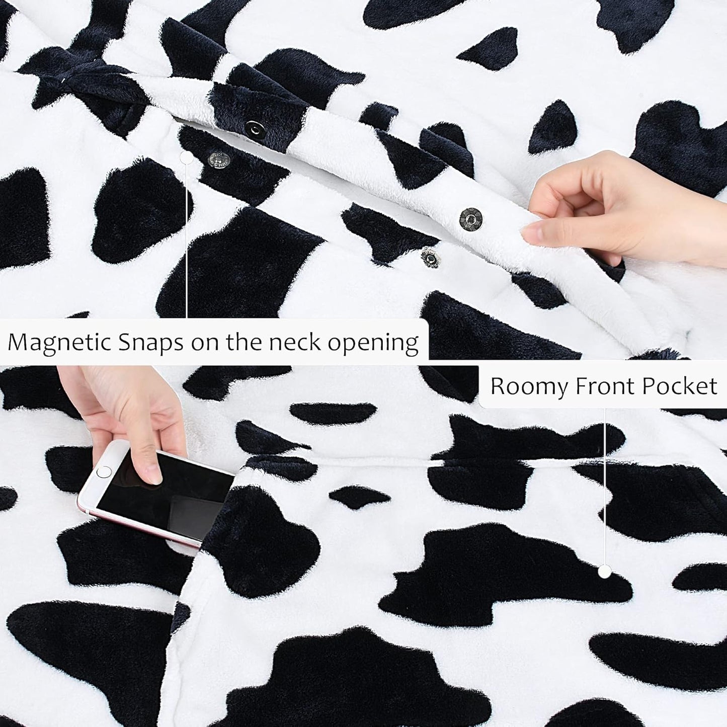 Cow Print Fleece Wearable Blanket Poncho for Adult Women Men, Travel Wrap Blanket Cape with Pocket | Warm, Soft, Cozy, Snuggly, Gift for Cow Lovers, No Sleeves | All-Season