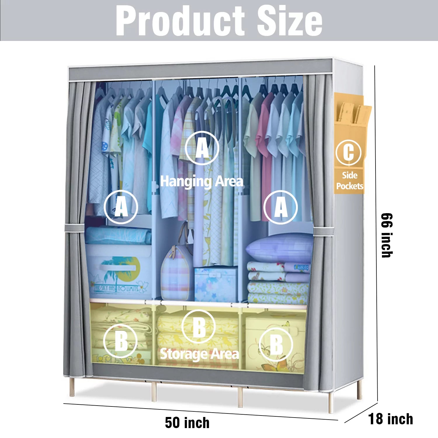 Portable Closet,Portable Wardrobe Closet Storage with 3 Hanging Rods,6 Storage Shelves,Side Pocket for Clothes Storage Organizer,Gray