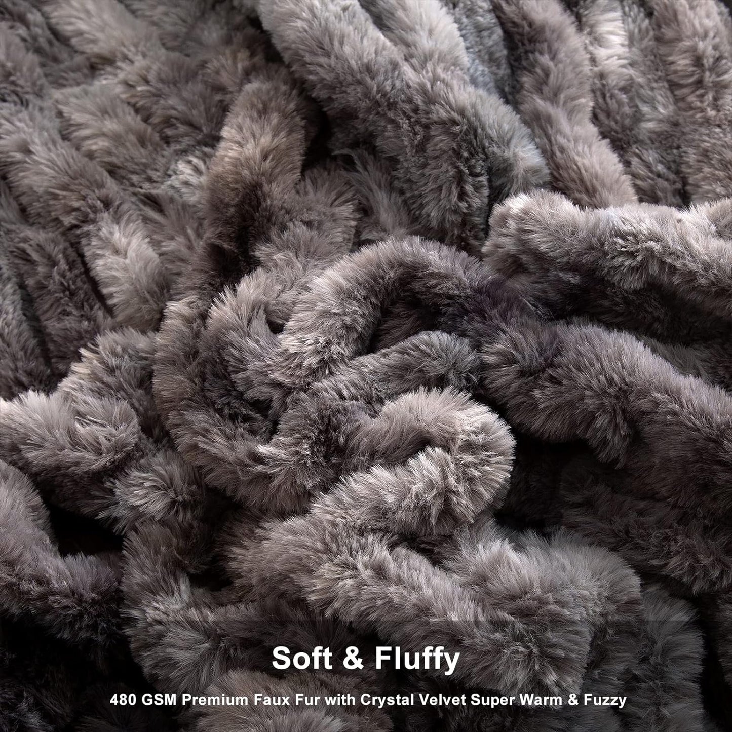 Soft Faux Fur Throw Blanket, 50" X 60" Fuzzy Throw Blanket for Couch and Bed Luxurious Ruched Warm Throw Blanket for Living Room Bedroom (Throw, Dark Gray)