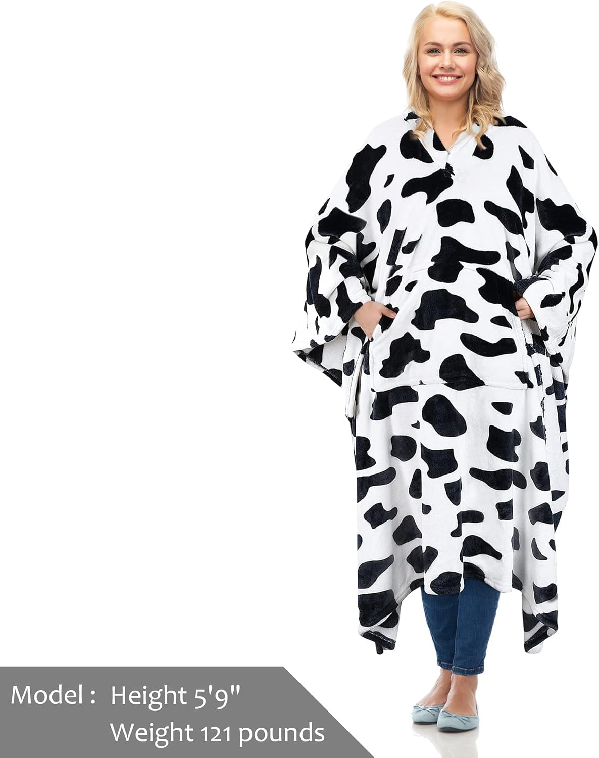 Cow Print Fleece Wearable Blanket Poncho for Adult Women Men, Travel Wrap Blanket Cape with Pocket | Warm, Soft, Cozy, Snuggly, Gift for Cow Lovers, No Sleeves | All-Season